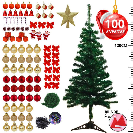 120cm Christmas Tree Kit – 120 Branches Green Pine with 100 Christmas Ornaments – Holiday Decoration.