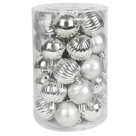 34 Mixed Silver Christmas Balls With Glitter 6cm